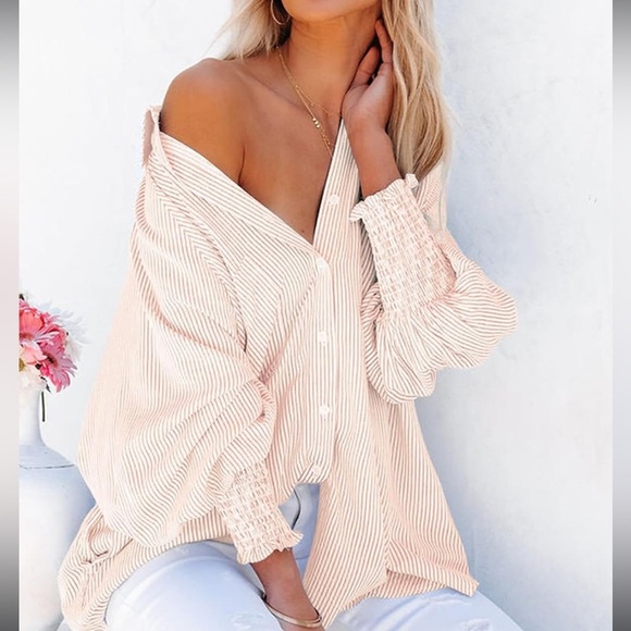 Tops - Smocked Cuffed Striped Shirt